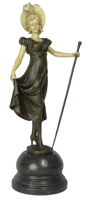 Lady With Hat Holding Stick Sculpture On Marbel Base